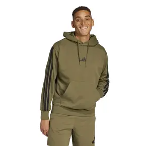 Ανδρική φούτερ μπλούζα Adidas 3-Stripes σε λαδί χρώμα με κουκούλα και μαύρες ρίγες στα μανίκια, μπροστινή όψη.