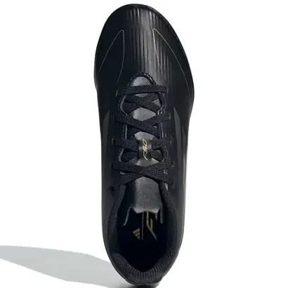 Προφίλ δεξιού παιδικού παπουτσιού Adidas F50 Club TF J σε μαύρο και χρυσό για τεχνητό γρασίδι