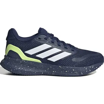 Παιδικά αθλητικά παπούτσια Adidas Runfalcon 5 J μπλε με λευκές ρίγες και λάιμ λεπτομέρειες – running παπούτσια για παιδιά